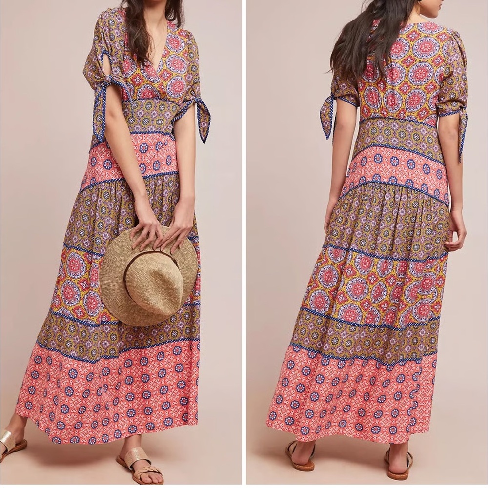 Maeve Anthropologie Eder Tiered Maxi Dress Patchwork Mosaic Print Size 2P Boho